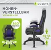 A marketing image for a Juskys gaming chair, highlighting its adjustable height and 360-degree rotation. Náhled obrázku produktu