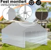 A gray tent garage is shown in a yard with close-up insets highlighting its assembly features. Náhled obrázku produktu