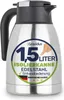 A stainless steel insulated carafe with a black lid and handle, featuring a prominent circular label with product details. Produktbild-Vorschau