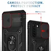 Two black phone cases are shown side-by-side, with arrows and text highlighting camera protection features. Produktbild-Vorschau