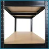 A close-up view of a black metal shelving unit with light brown shelves, seen from a low angle. Podgląd zdjęcia produktu