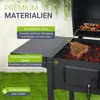 A close-up view of a black charcoal grill with a steak cooking on the grate and skewers in the background. Text overlays highlight product features. Náhľad obrázku produktu