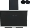A black and silver range hood with a glass front and touch controls, shown against a white background. Two charcoal filters are visible in the upper right corner. Produktbild-Vorschau