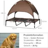 A diagram of a raised dog bed with dimensions and a picture of a Golden Retriever with product information. Produktbild-Vorschau