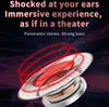 A close-up of a headphone driver with red sound waves emanating from it, set against a dark, abstract background with text describing the product's features. Produktbild-Vorschau