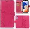 A collage of images showing a pink flip phone case with a floral and butterfly design, including a view of the inside with card slots and a phone inserted. Produktbild-Vorschau