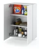A white bathroom cabinet with its doors open, displaying various cleaning and personal care products on its shelves. Voir les images du produit