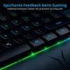 A close-up view of a gaming keyboard with illuminated keys and green LED lighting. Produktbild-Vorschau
