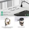 A collage of images showing features of an adjustable desk, including its power outlets, USB ports, headphone hook, and cup holder. Produktbild-Vorschau