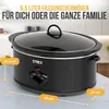 A black slow cooker is shown on a countertop with dimensions indicated by text overlays. Voir les images du produit