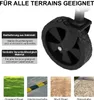 A close-up of a black wheel and its mounting bracket, with German text describing its features and four small images of different terrains at the bottom. Produktbild-Vorschau