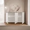A white sideboard with doors open, displaying shelves, in a room with artwork and curtains. Produktbild-Vorschau