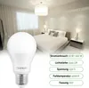 A bedroom scene with a bed, nightstands, and curtains, featuring a prominent LED light bulb in the foreground and product specifications on the right. Podgląd zdjęcia produktu
