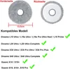 Two cleaning pads are shown, one from the front and one from the back, with a size indicator and a list of compatible robot vacuum models. Produktbild-Vorschau