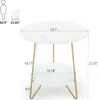 Diagram showing the dimensions of a two-tiered round side table with a marble-like finish and gold legs. Anteprima dell’immagine prodotto