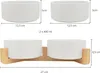 Dimensions and capacity of two white ceramic pet bowls on a wooden stand. Produktbild-Vorschau