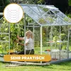 A woman tending to plants inside a greenhouse, with a close-up of greenhouse clips in the upper left corner. Produktbild-Vorschau