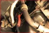 Close-up view of automotive engine components, including exhaust pipes and oil pan, with a red tool attached. Anteprima dell’immagine prodotto