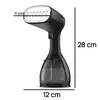 A black handheld garment steamer with dimensions indicated by measurement lines and text. Produktbild-Vorschau