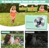 A collage showing a digital camera and its features, including zoom capabilities and different lighting conditions, with a child playing with bubbles in the background. Produktbild-Vorschau