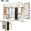 A diagram of a loft bed with dimensions and features labeled. Voir les images du produit