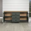 A sideboard with drawers and shelves, set against a white shiplap wall and a light wood floor. Podgląd zdjęcia produktu