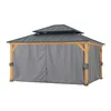 A gazebo with wooden posts and a grey roof and curtains. Produktbild-Vorschau