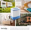 Collage of images showing a mini-washing machine in various settings: camping, student dorm, home bathroom, and a tiny house. Produktbild-Vorschau