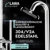 A close-up marketing image of a shower head and part of the shower arm, with text overlays highlighting product features. Produktbild-Vorschau