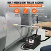 A person is using a dent puller machine to repair a car body. The machine and its features are highlighted with text overlays. Podgląd zdjęcia produktu