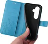 A hand is holding a blue flip phone case, showing the inside compartment. Produktbild-Vorschau