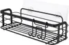 A black metal shower caddy with two hooks, attached to a clear adhesive strip with two suction cups. Náhled obrázku produktu