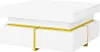 A white coffee table with gold accents and two drawers is shown against a white background. Produktbild-Vorschau