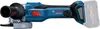 A side view of a cordless angle grinder with a battery pack attached. Voir les images du produit