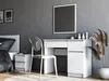 A modern bedroom scene featuring a white vanity table with a mirror, a clear chair, and a bedside table. Produktbild-Vorschau