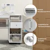 A sewing cabinet with various compartments and drawers, featuring close-ups of its hardware like hinges, magnetic latches, and knobs, along with descriptive text. Voir les images du produit