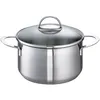 A stainless steel pot with a glass lid and two handles, presented on a white background. Produktbild-Vorschau