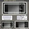 A collage of images showing a backlit and front-lit LED bathroom mirror, with close-ups of its back panel and cable management slot, and illustrations of its front-lit and backlit modes. Náhľad obrázku produktu