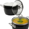 Two views of a black pot with a glass lid, one empty and one filled with soup. Podgląd zdjęcia produktu