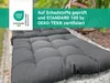 A dark gray cushion on a stone surface, with a green banner overlay. Voir les images du produit