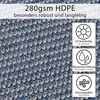 Close-up of a blue and gray woven fabric with overlaid text and icons describing its features. Produktbild-Vorschau