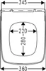 A top-down view diagram of a toilet seat with dimensions indicated. Produktbild-Vorschau