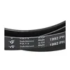 A close-up view of a black V-ribbed belt with white text and logos printed on it. Produktbild-Vorschau