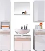 A modern bathroom vanity set with a sink, mirror, and storage cabinets. Produktbild-Vorschau