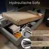 A hydraulic sofa bed with storage is shown, with the bed lifted to reveal storage space underneath. Produktbild-Vorschau