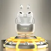 A pair of white wireless earbuds and their charging case are displayed on a futuristic, illuminated platform. Náhled obrázku produktu