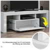 A white high-gloss TV stand with an open cabinet door, showing internal storage and a media device. A yellow arrow points to the open door, and a close-up inset shows the gap for opening. Anteprima dell’immagine prodotto