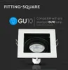 A square recessed light fitting with a GU10 bulb socket, presented against a dark background with marketing text. Produktbild-Vorschau