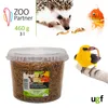 A collage of images showing a hedgehog, a goldfish, a bird, and a bucket of mealworms, with product information and branding. Produktbild-Vorschau