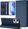 A collage of images showing a blue leather wallet-style phone case for a Xiaomi Poco F5/Redmi Note 12 Turbo. Produktbild-Vorschau